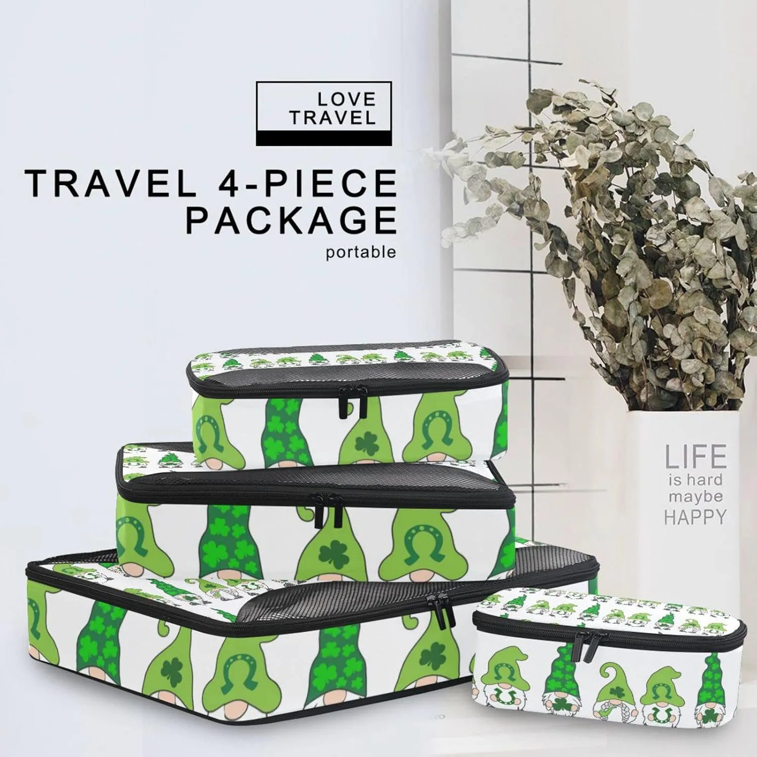St Patrick Day Gnomes with Green Shamrock Clovers Leaves on White 4 PCs Set Packing Bags, Luggage Organizer Bag, Portable Cube Toiletry bag, Durable Travel Cosmetic Storage Bag for Men Women