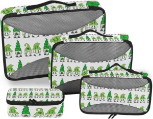 St Patrick Day Gnomes with Green Shamrock Clovers Leaves on White 4 PCs Set Packing Bags, Luggage Organizer Bag, Portable Cube Toiletry bag, Durable Travel Cosmetic Storage Bag for Men Women