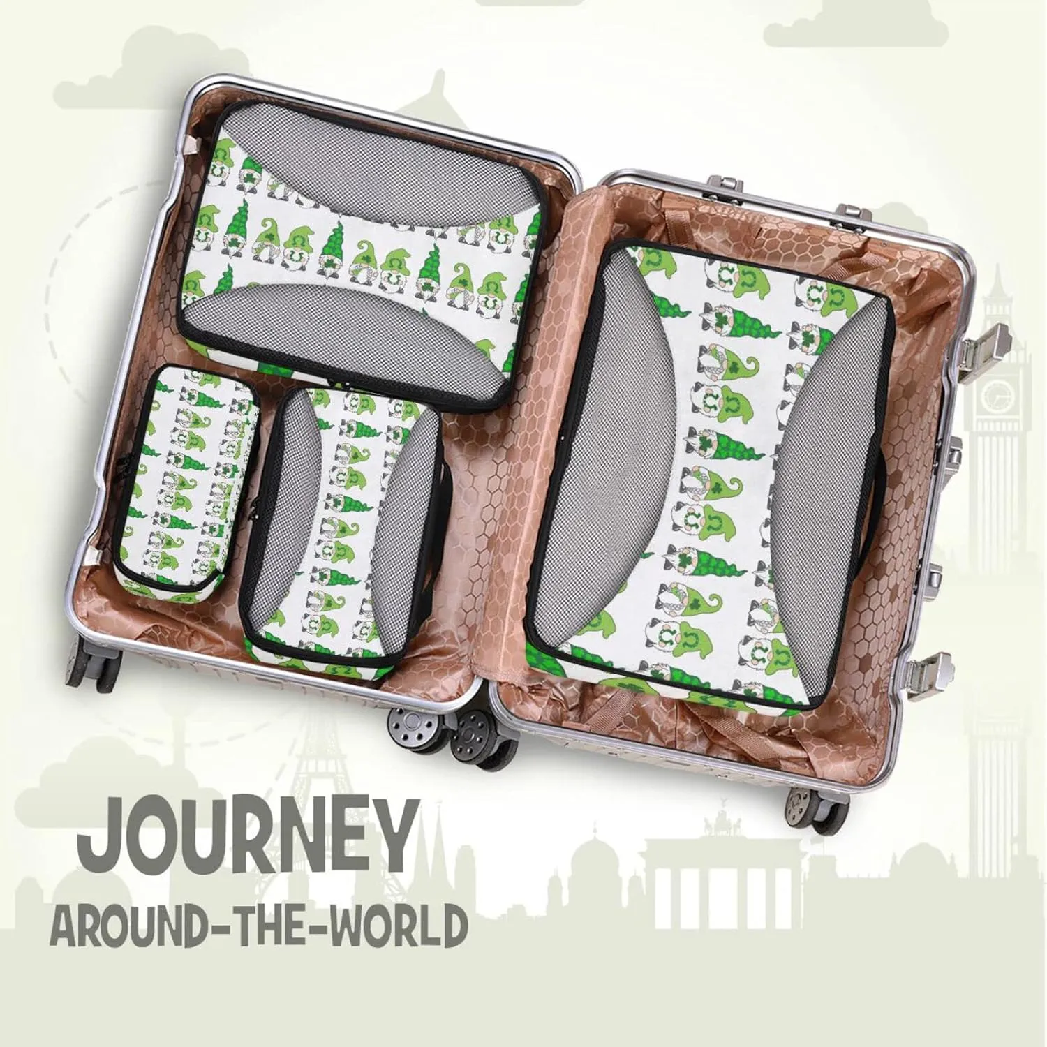 St Patrick Day Gnomes with Green Shamrock Clovers Leaves on White 4 PCs Set Packing Bags, Luggage Organizer Bag, Portable Cube Toiletry bag, Durable Travel Cosmetic Storage Bag for Men Women