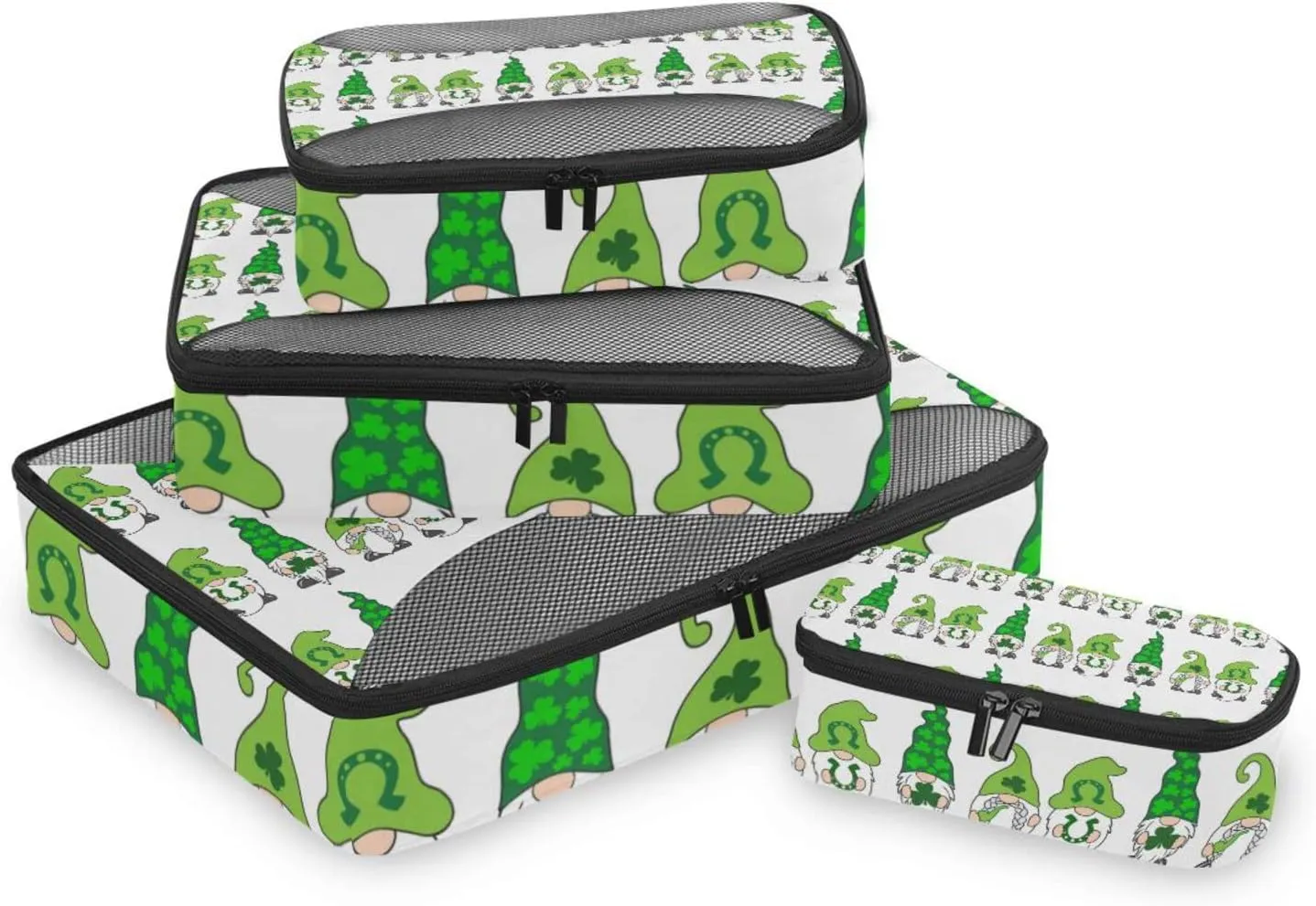 St Patrick Day Gnomes with Green Shamrock Clovers Leaves on White 4 PCs Set Packing Bags, Luggage Organizer Bag, Portable Cube Toiletry bag, Durable Travel Cosmetic Storage Bag for Men Women