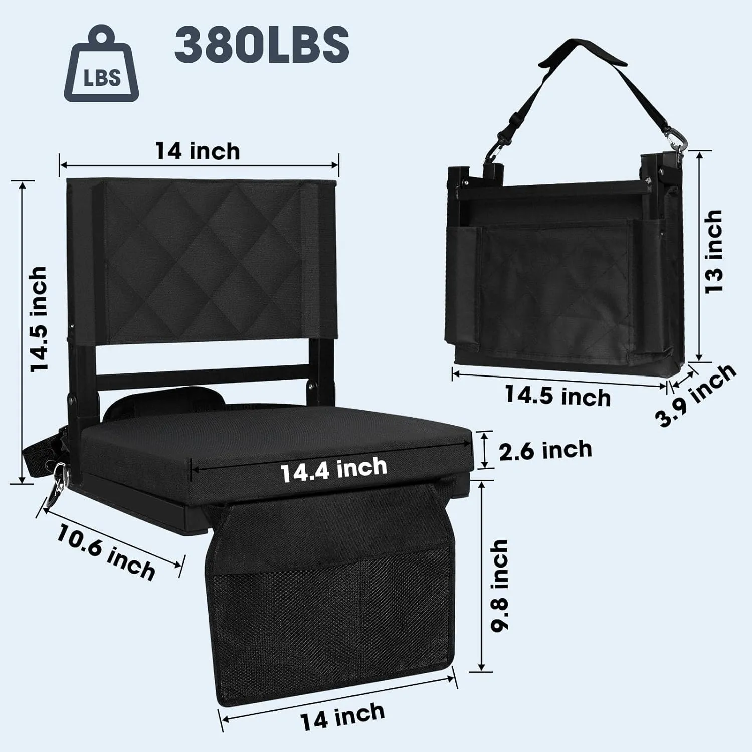 Stadium Seats with Back Support,Bleacher Chairs with Back and Cushion,Heavy-Duty 400lb Capacity Bleacher Chairs for Sports Games,Concerts & Camping,Includes Storage Pocket & Carry Strap (1)