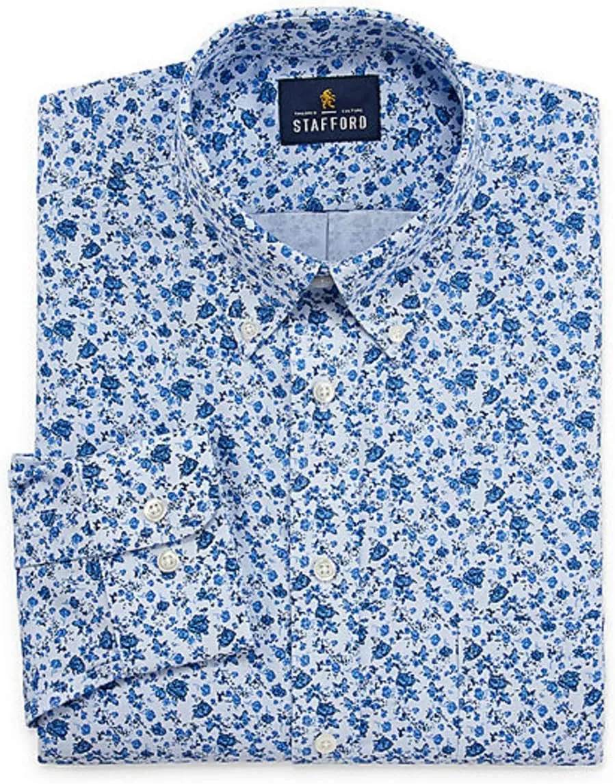 Stafford Regular Travel Oxford Mens Button Down Collar Long Sleeve Wrinkle Free Stretch Dress Shirt