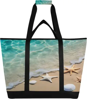 Starfish Shell Beach Reusable Insulated Cooler Bag with Ice Pack Compartment - Large 47L Waterproof Thermal Grocery Tote for Picnic Beach Camping Lunch Storage