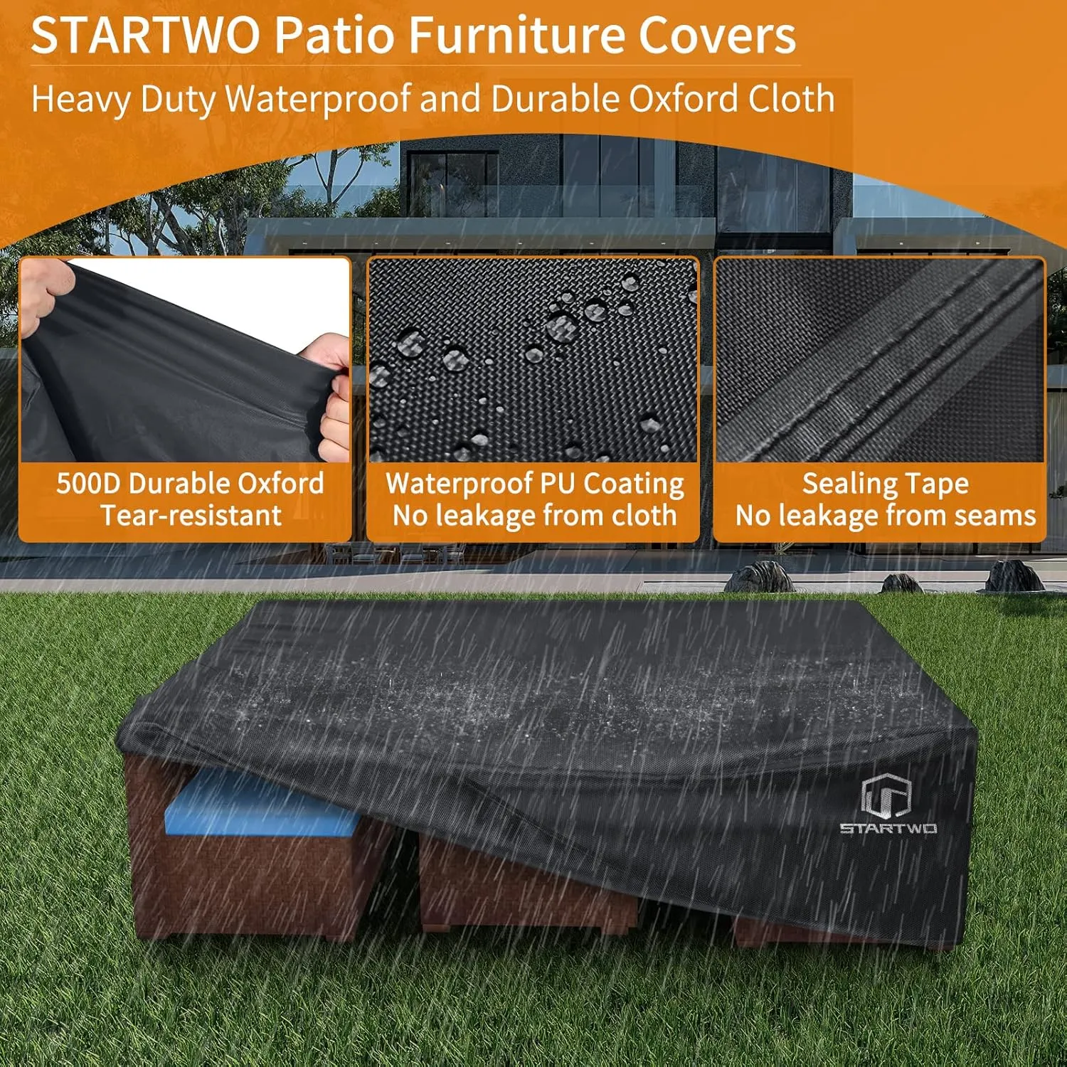 STARTWO Patio Furniture Covers Waterproof,Heavy Duty 7-12 Seats Outdoor Furniture Cover for Sectional Sofa, Table Chairs, Anti-UV Tear-Resistant 128"Lx83"Wx28"H, Black