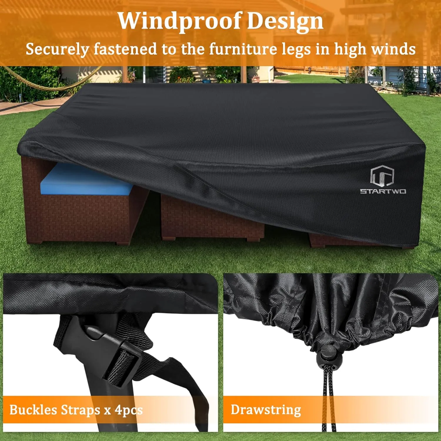 STARTWO Patio Furniture Covers Waterproof,Heavy Duty 7-12 Seats Outdoor Furniture Cover for Sectional Sofa, Table Chairs, Anti-UV Tear-Resistant 128"Lx83"Wx28"H, Black