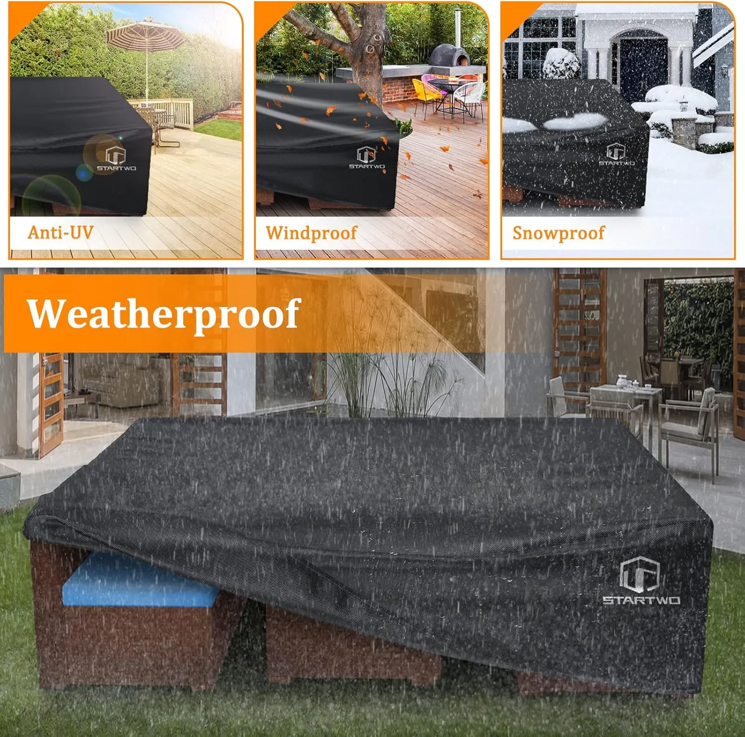 STARTWO Patio Furniture Covers Waterproof,Heavy Duty 7-12 Seats Outdoor Furniture Cover for Sectional Sofa, Table Chairs, Anti-UV Tear-Resistant 128"Lx83"Wx28"H, Black