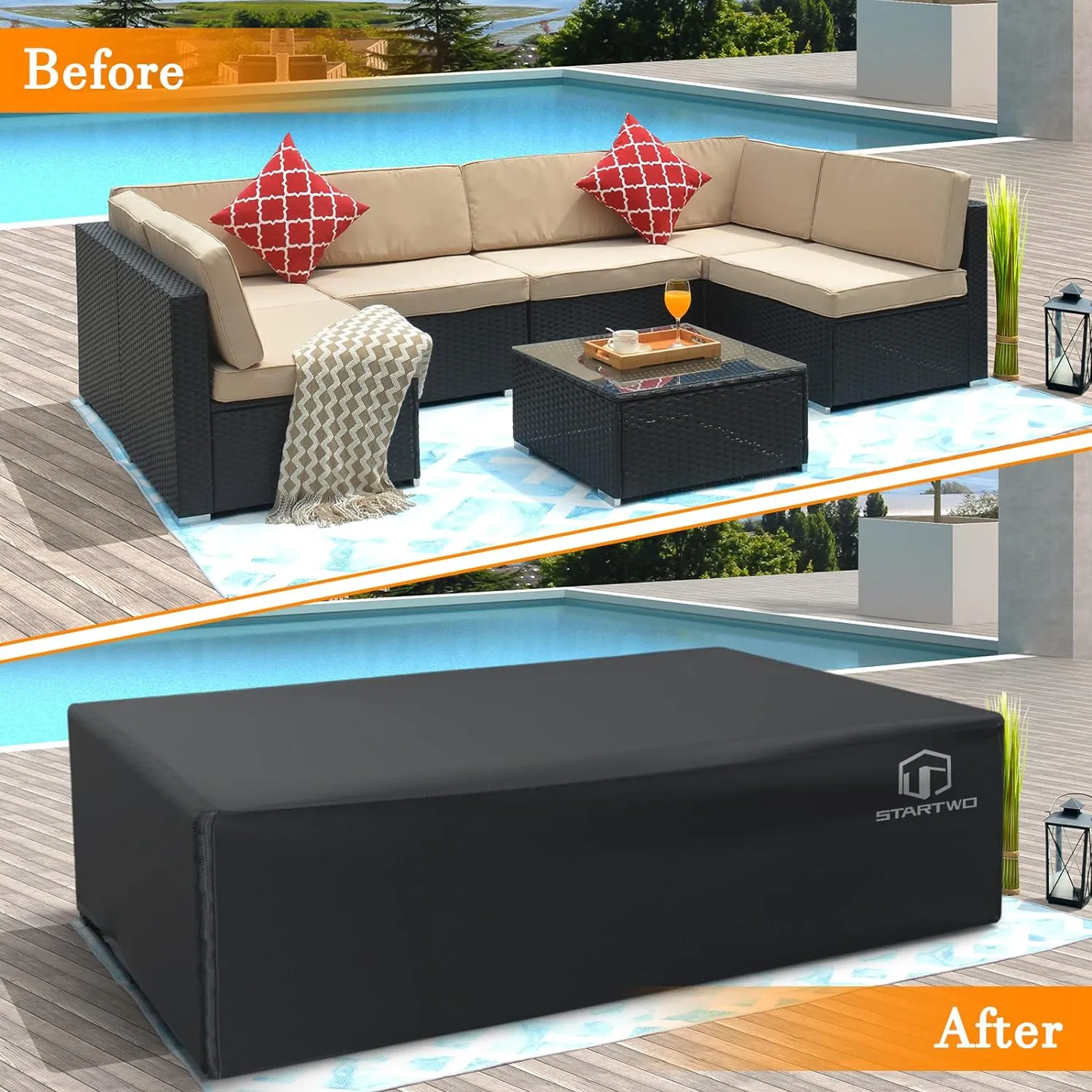 STARTWO Patio Furniture Covers Waterproof,Heavy Duty 7-12 Seats Outdoor Furniture Cover for Sectional Sofa, Table Chairs, Anti-UV Tear-Resistant 128"Lx83"Wx28"H, Black