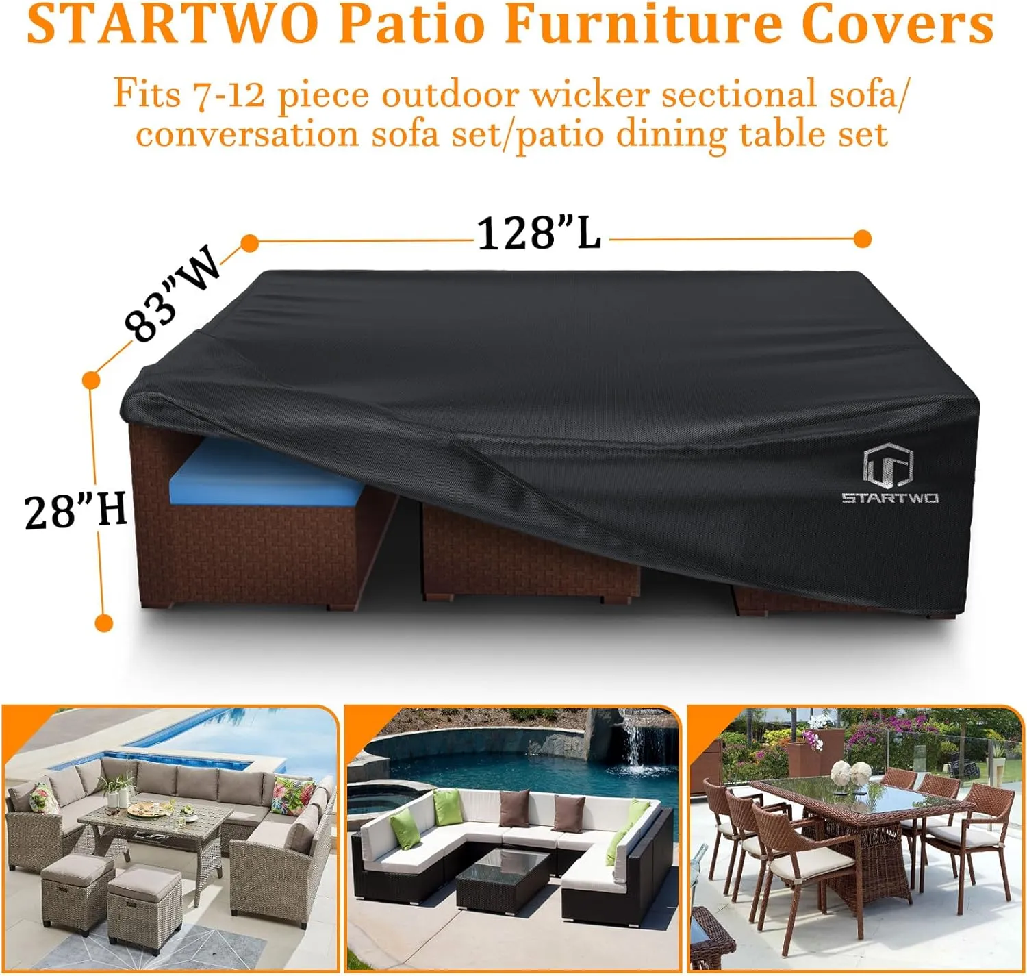 STARTWO Patio Furniture Covers Waterproof,Heavy Duty 7-12 Seats Outdoor Furniture Cover for Sectional Sofa, Table Chairs, Anti-UV Tear-Resistant 128"Lx83"Wx28"H, Black