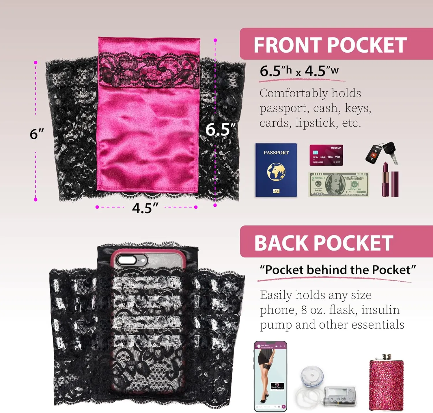 Stashbandz 2 Security Pockets, Wedding Phone Garter, Lace Thigh Purse with Stay-put Grippers, Fits any Size Phone & More