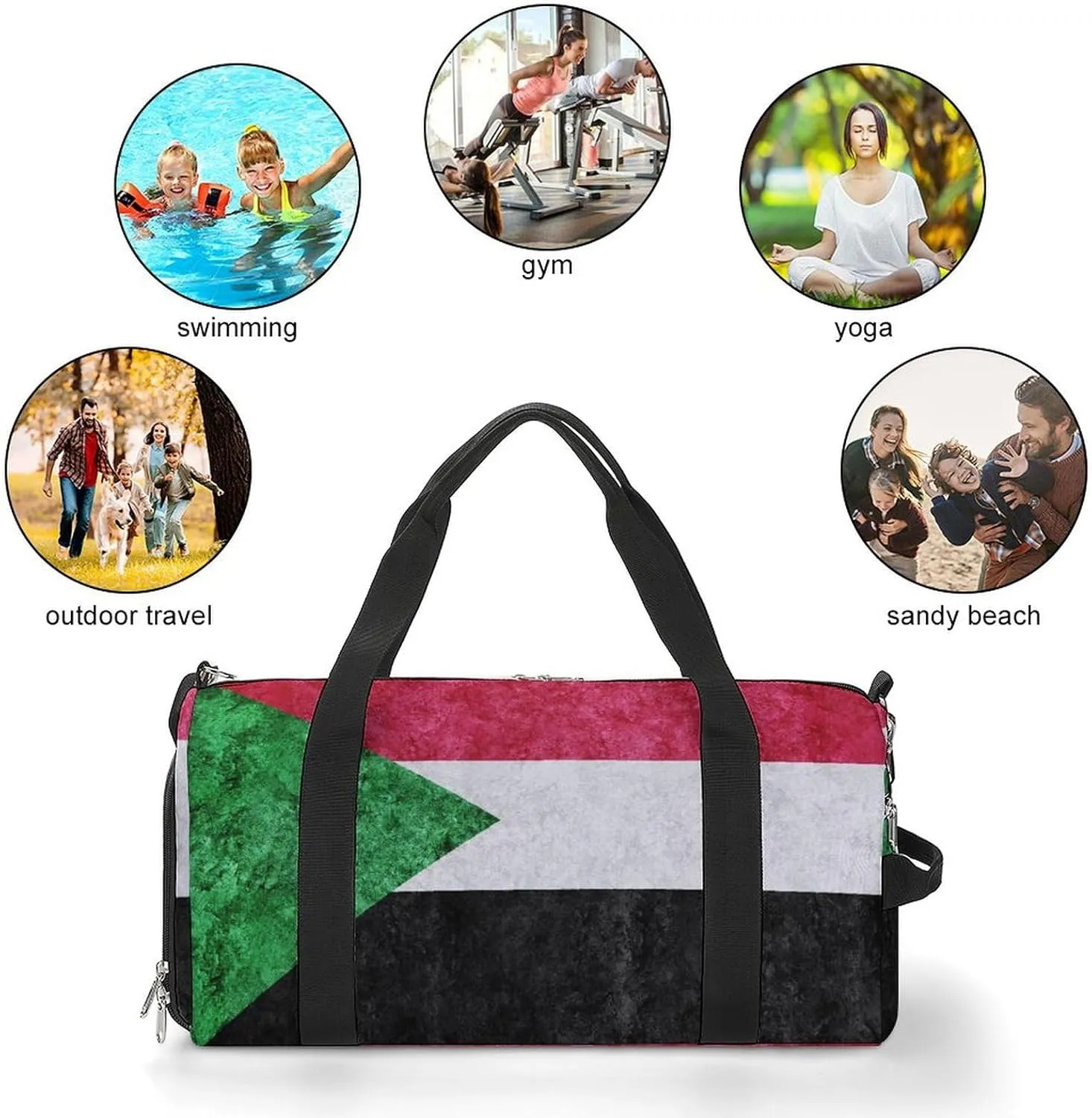 Sudan Flag Textured Sports Duffel with Shoe Compartment and Wet Pocket for Travel Gym