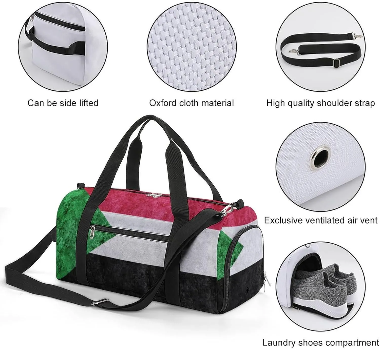Sudan Flag Textured Sports Duffel with Shoe Compartment and Wet Pocket for Travel Gym