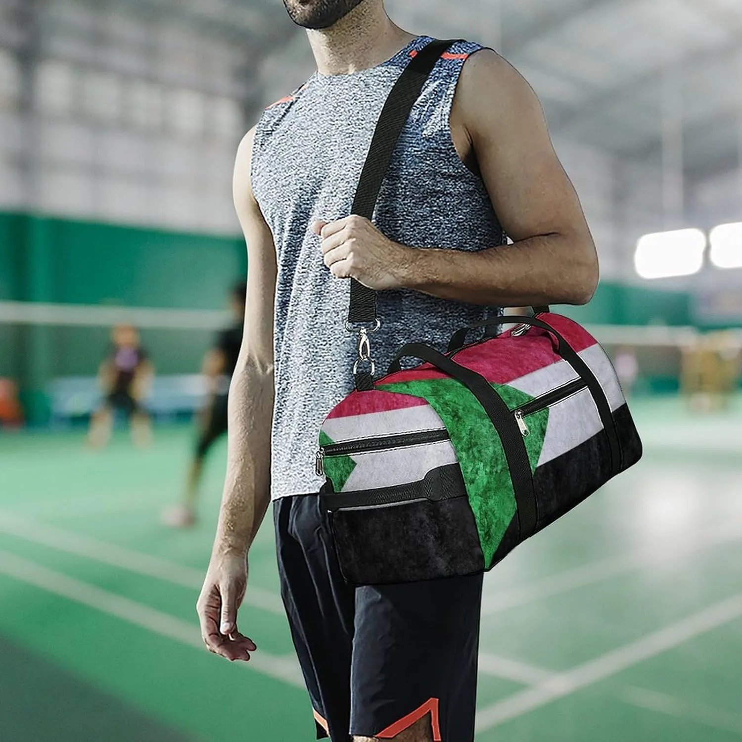 Sudan Flag Textured Sports Duffel with Shoe Compartment and Wet Pocket for Travel Gym