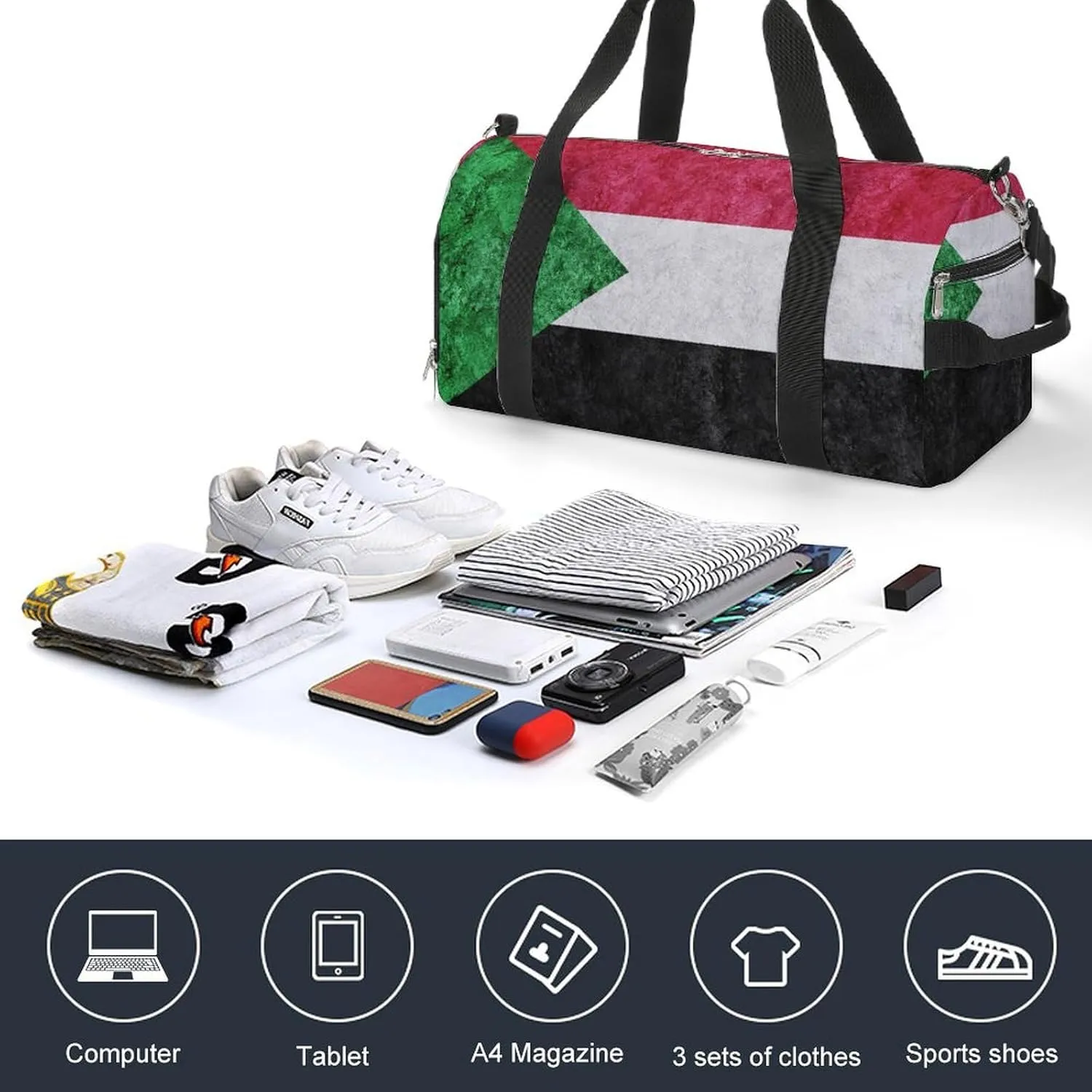 Sudan Flag Textured Sports Duffel with Shoe Compartment and Wet Pocket for Travel Gym