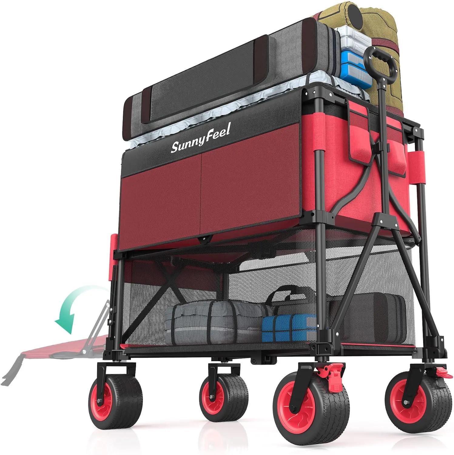 SunnyFeel Heavy Duty Collapsible Outdoor Utility Wagon Cart 500LB Capacity Adjustable Handlebar,Foldable Beach Wheels Stable Durable Oxford Fabric for Shopping Garden Camping (Red, Double Deck)