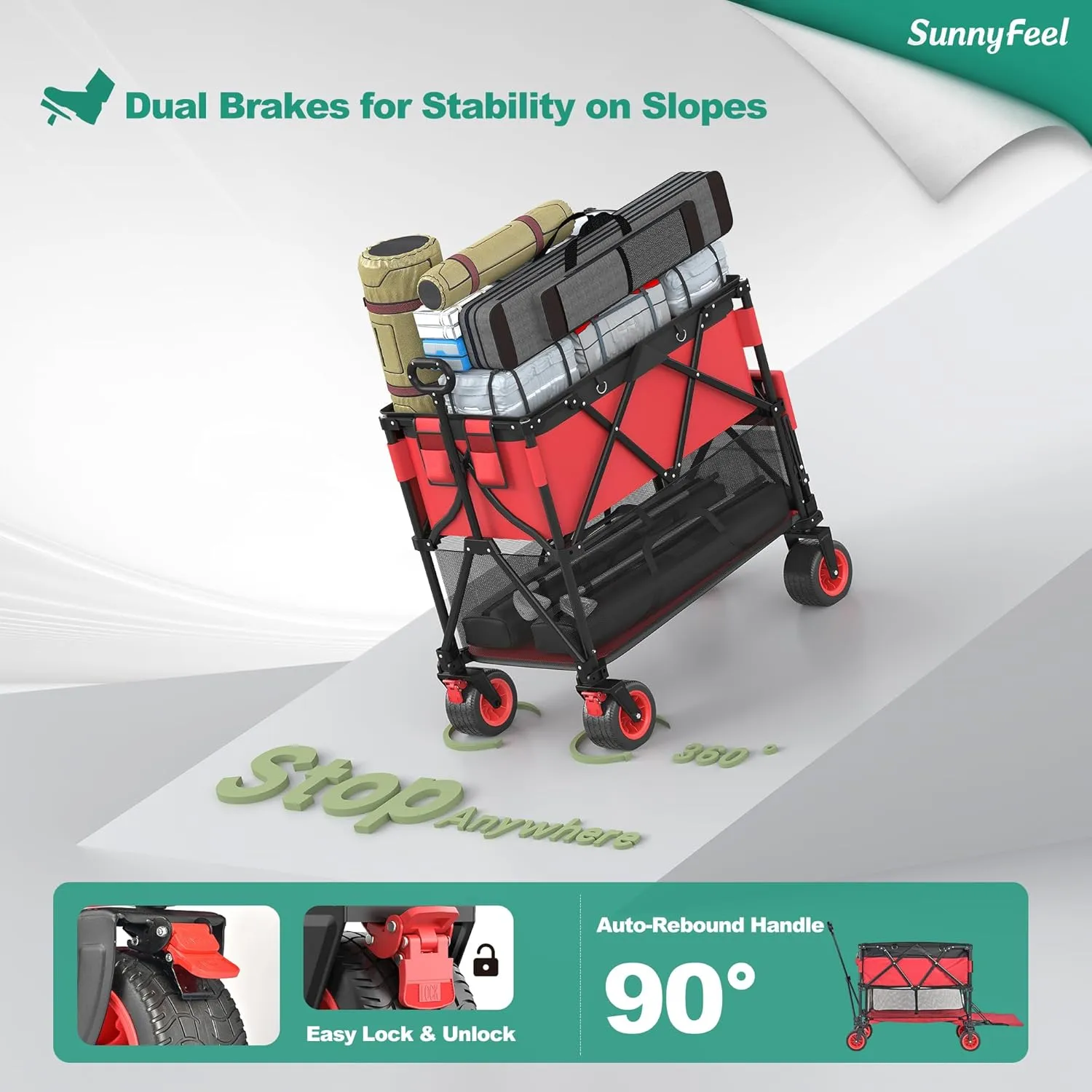 SunnyFeel Heavy Duty Collapsible Outdoor Utility Wagon Cart 500LB Capacity Adjustable Handlebar,Foldable Beach Wheels Stable Durable Oxford Fabric for Shopping Garden Camping (Red, Double Deck)