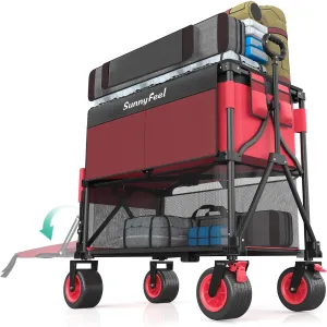 SunnyFeel Heavy Duty Collapsible Outdoor Utility Wagon Cart 500LB Capacity Adjustable Handlebar,Foldable Beach Wheels Stable Durable Oxford Fabric for Shopping Garden Camping (Red, Double Deck)
