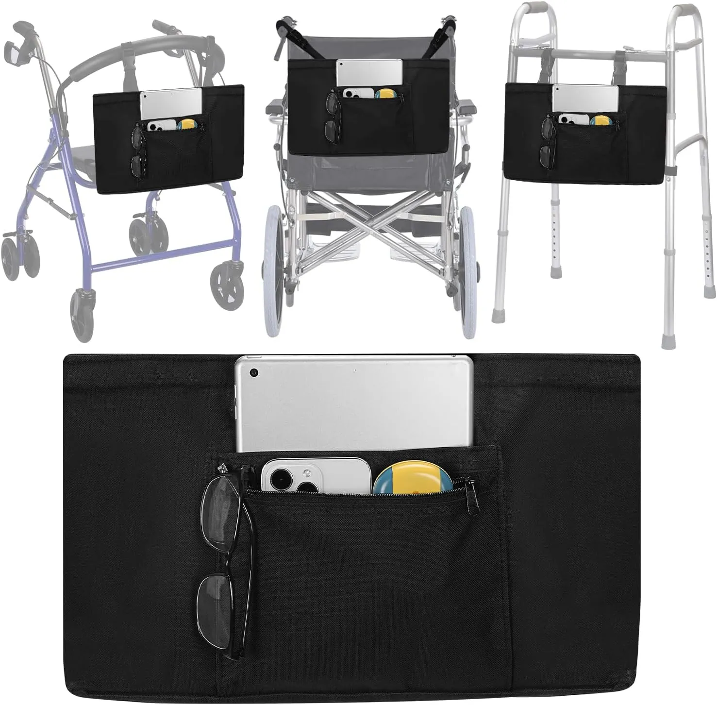 supregear Universal Accessories Bag for Walker, Wheelchair, Rollator, Scooters, Seniors Detachable Preserve Heat Cooler w/Cup Holder-Folding Walker Basket Waterproof Walker Caddy Pouch, Black