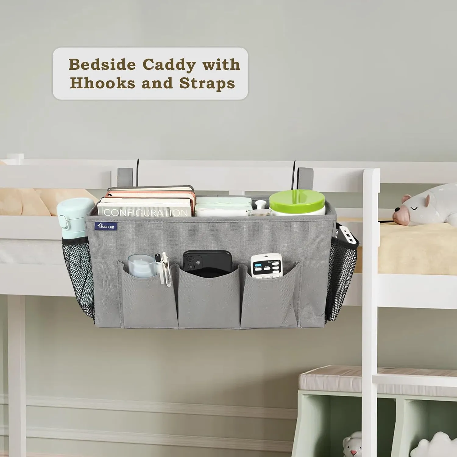 Surblue Bedside Organizer with Hook Bedside Caddy Hanging Storage Bag with Adjustable Straps and Water Bottle Holder for Home College Dorm Bunk Bed Accessories, Crib Bed Rails, Hospital Bed, Grey