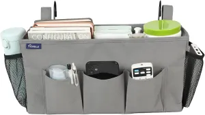 Surblue Bedside Organizer with Hook Bedside Caddy Hanging Storage Bag with Adjustable Straps and Water Bottle Holder for Home College Dorm Bunk Bed Accessories, Crib Bed Rails, Hospital Bed, Grey