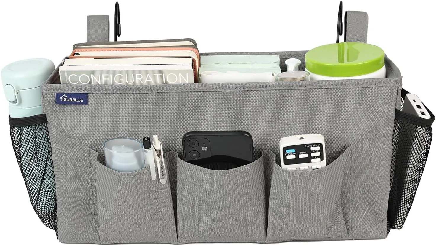 Surblue Bedside Organizer with Hook Bedside Caddy Hanging Storage Bag with Adjustable Straps and Water Bottle Holder for Home College Dorm Bunk Bed Accessories, Crib Bed Rails, Hospital Bed, Grey