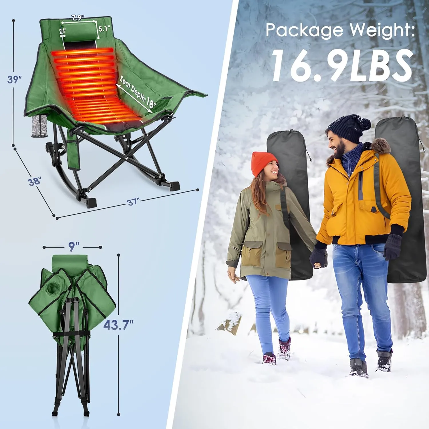 Suteck Heated Rocking Camping Chair, XL Oversized Rocking Chair Outdoor with 3 Heat Levels for Back and Seat, Heated Chairs Outdoor Sports for Patio Lawn Picnic Travel, Power Bank（Not Included）