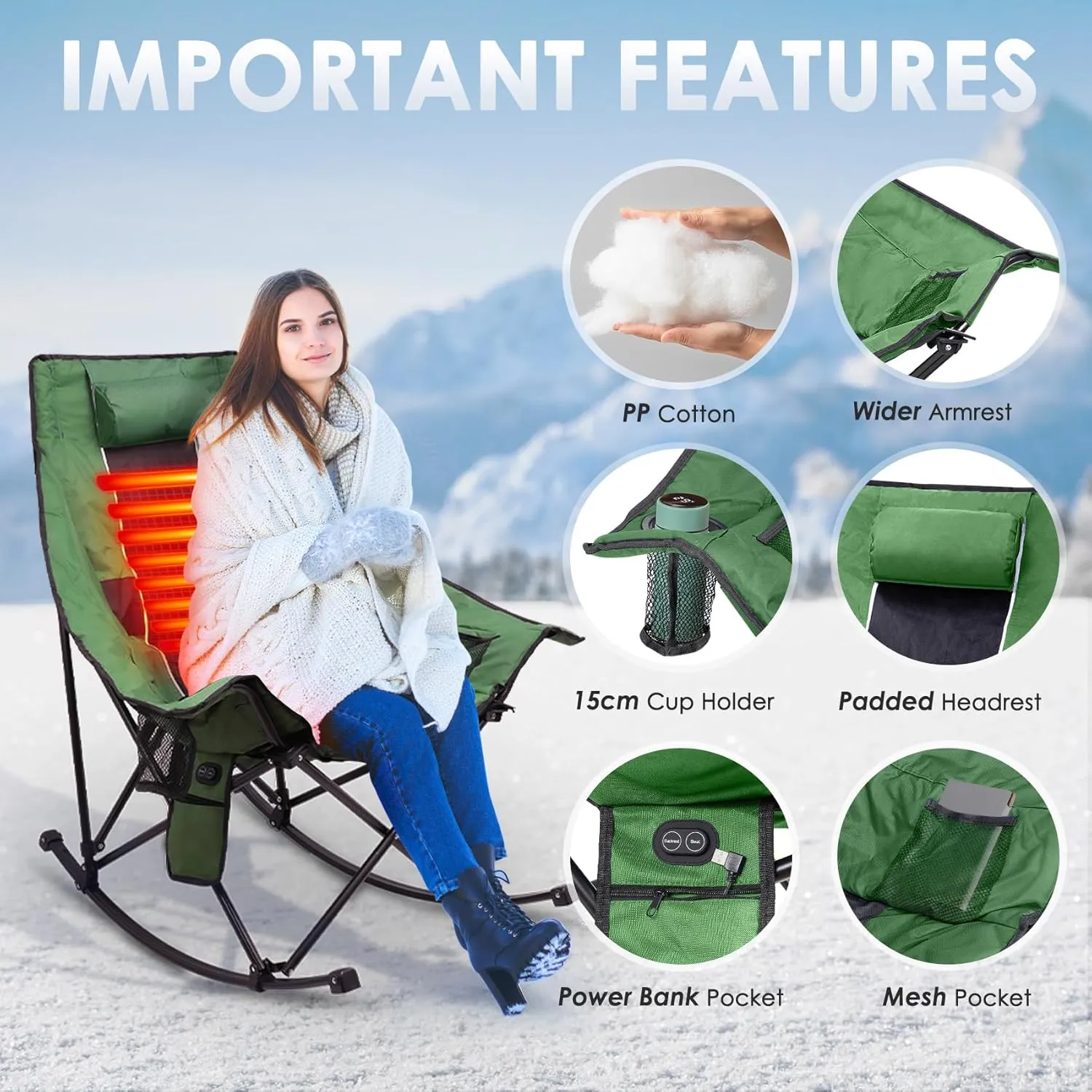 Suteck Heated Rocking Camping Chair, XL Oversized Rocking Chair Outdoor with 3 Heat Levels for Back and Seat, Heated Chairs Outdoor Sports for Patio Lawn Picnic Travel, Power Bank（Not Included）