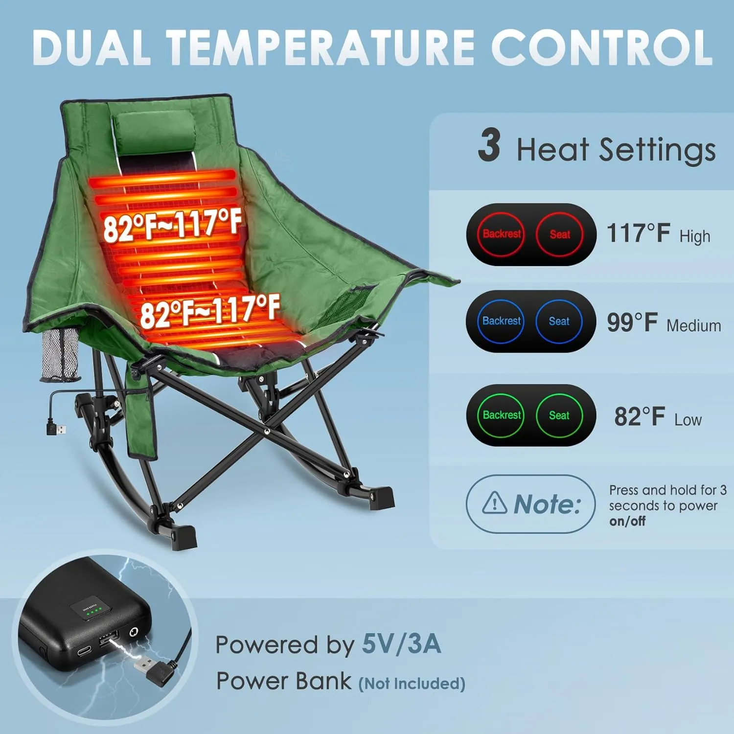 Suteck Heated Rocking Camping Chair, XL Oversized Rocking Chair Outdoor with 3 Heat Levels for Back and Seat, Heated Chairs Outdoor Sports for Patio Lawn Picnic Travel, Power Bank（Not Included）