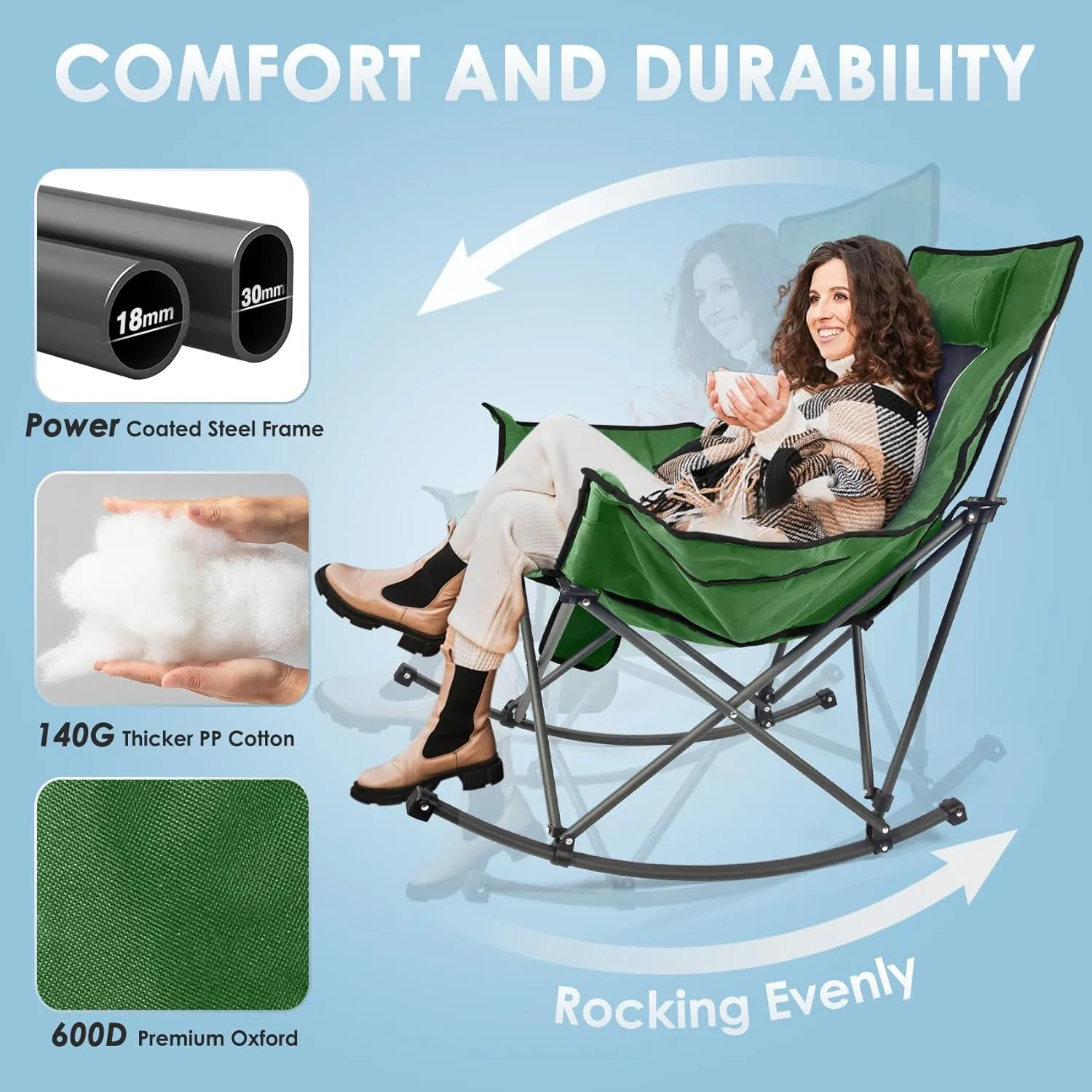 Suteck Heated Rocking Camping Chair, XL Oversized Rocking Chair Outdoor with 3 Heat Levels for Back and Seat, Heated Chairs Outdoor Sports for Patio Lawn Picnic Travel, Power Bank（Not Included）