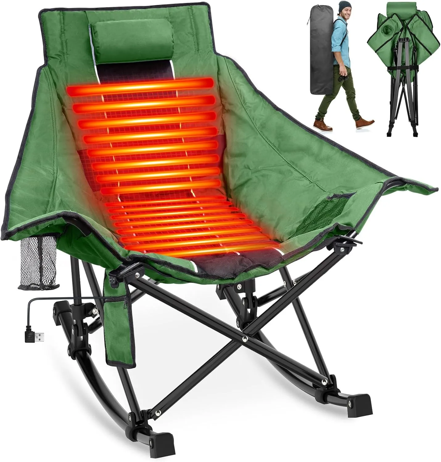 Suteck Heated Rocking Camping Chair, XL Oversized Rocking Chair Outdoor with 3 Heat Levels for Back and Seat, Heated Chairs Outdoor Sports for Patio Lawn Picnic Travel, Power Bank（Not Included）