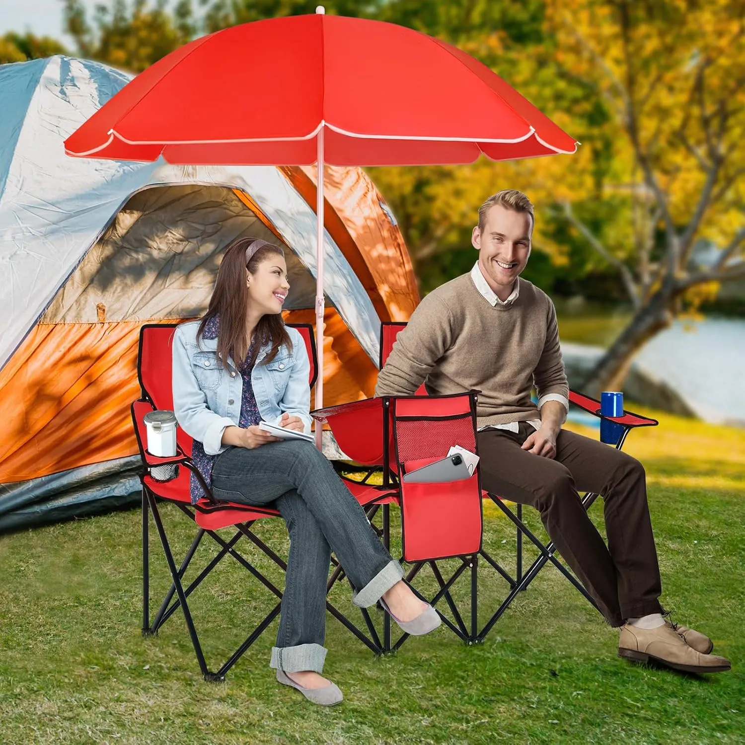 Tangkula Double Camping Chairs with Umbrella, Portable 2 Seat Folding Camp Chair with Cooler Bag, Beverage Holder, Carrying Bag, Foldable Lawn Chair for Outside, Fishing, Picnic,Beach