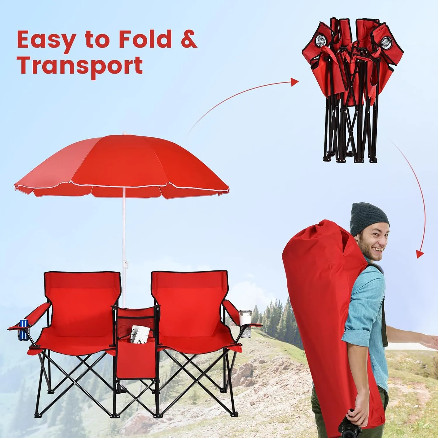 Tangkula Double Camping Chairs with Umbrella, Portable 2 Seat Folding Camp Chair with Cooler Bag, Beverage Holder, Carrying Bag, Foldable Lawn Chair for Outside, Fishing, Picnic,Beach