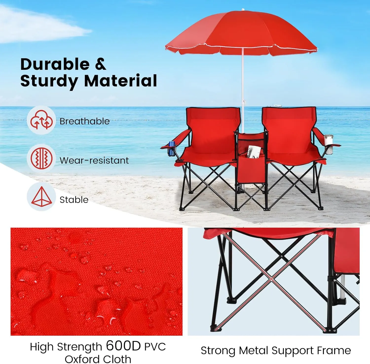 Tangkula Double Camping Chairs with Umbrella, Portable 2 Seat Folding Camp Chair with Cooler Bag, Beverage Holder, Carrying Bag, Foldable Lawn Chair for Outside, Fishing, Picnic,Beach