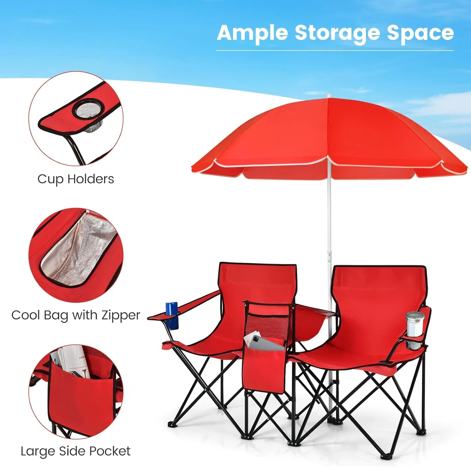 Tangkula Double Camping Chairs with Umbrella, Portable 2 Seat Folding Camp Chair with Cooler Bag, Beverage Holder, Carrying Bag, Foldable Lawn Chair for Outside, Fishing, Picnic,Beach