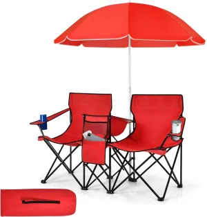 Tangkula Double Camping Chairs with Umbrella, Portable 2 Seat Folding Camp Chair with Cooler Bag, Beverage Holder, Carrying Bag, Foldable Lawn Chair for Outside, Fishing, Picnic,Beach