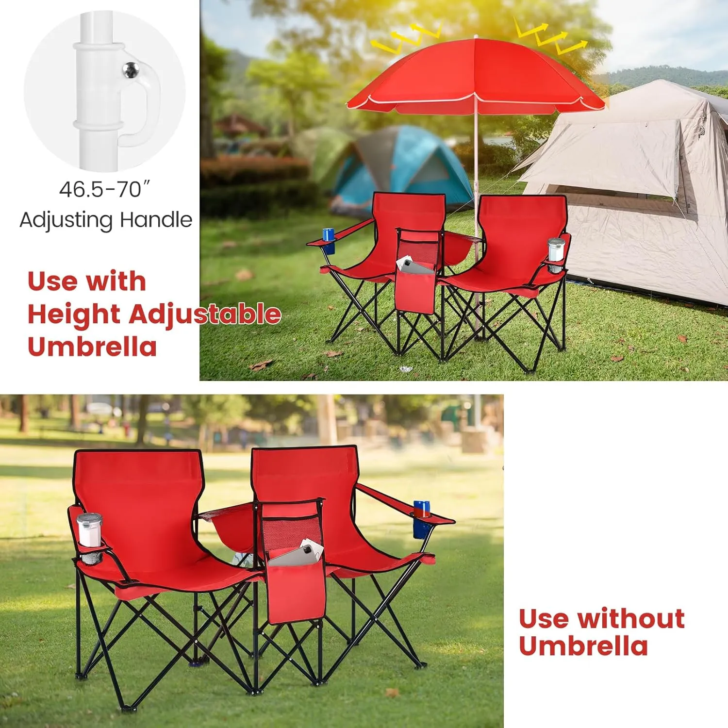 Tangkula Double Camping Chairs with Umbrella, Portable 2 Seat Folding Camp Chair with Cooler Bag, Beverage Holder, Carrying Bag, Foldable Lawn Chair for Outside, Fishing, Picnic,Beach