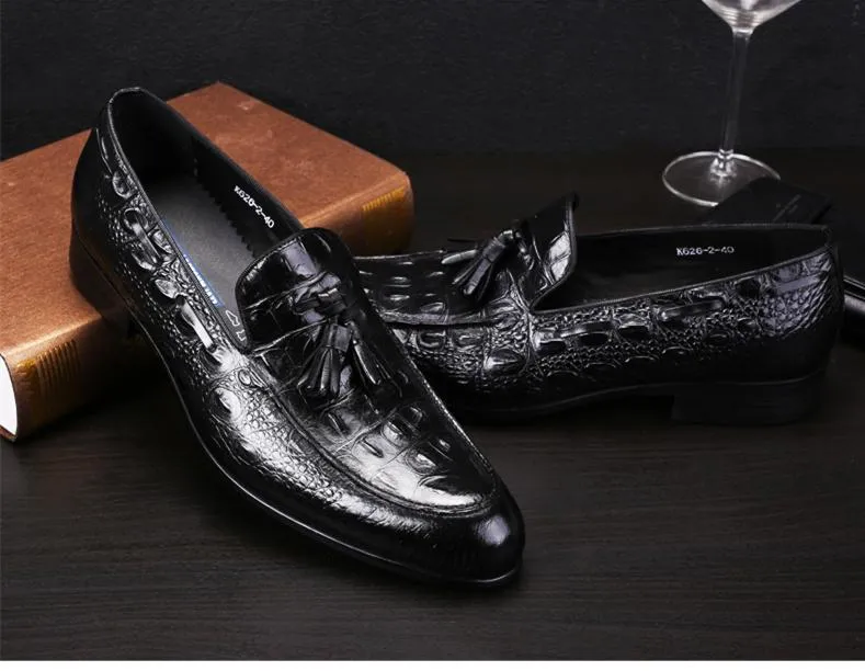 Tassel Oxfords Genuine Leather Pointed Toe Shoes Business Man Alligator Dress Shoes