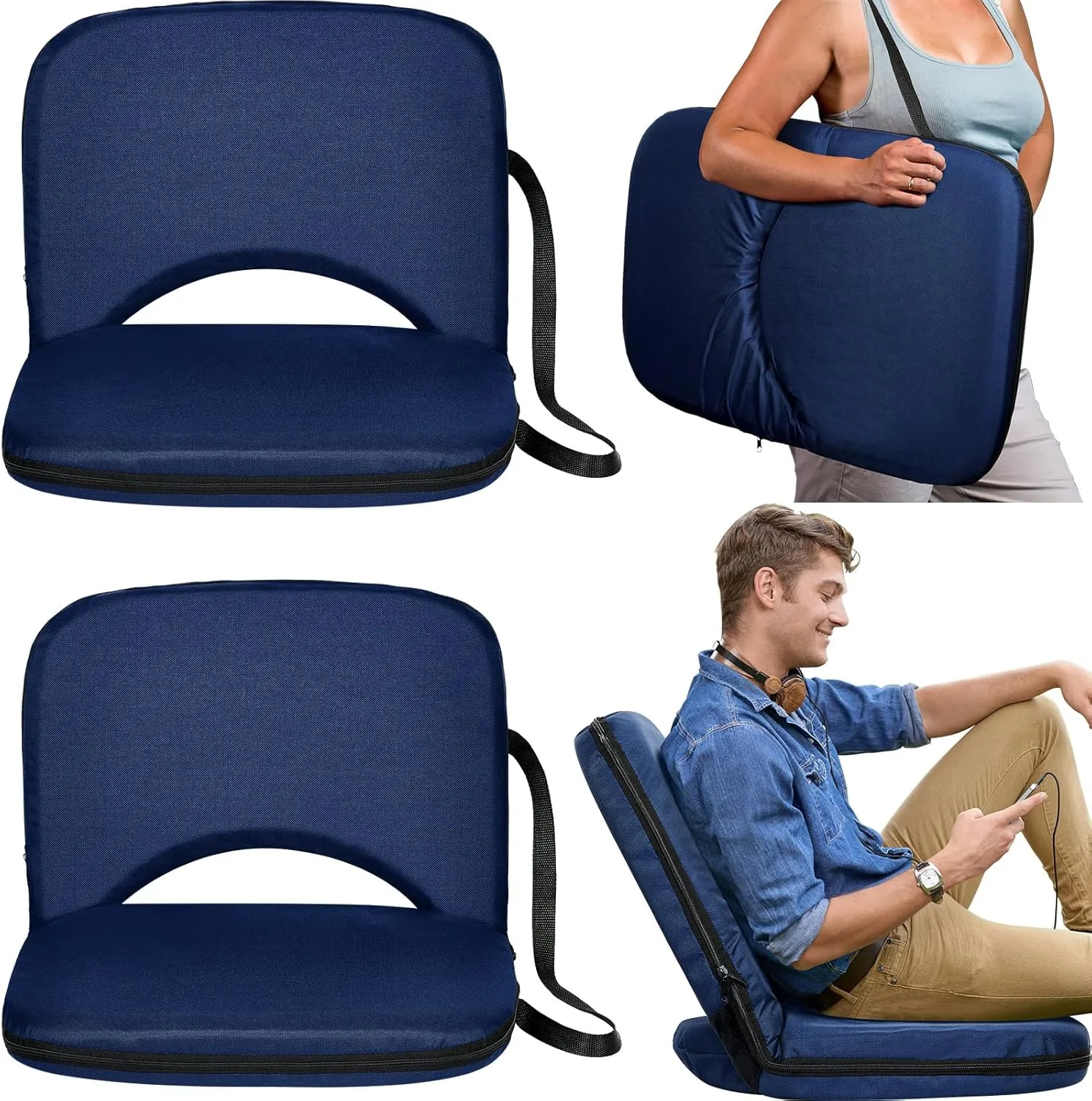 Thyle 2 Pcs Stadium Seats with Back Support, Folding Stadium Seats for Bleachers with 20 in Wide Cushion Waterproof Floor Chair 6 Reclining Positions Portable Recliner for Indoor Outdoor