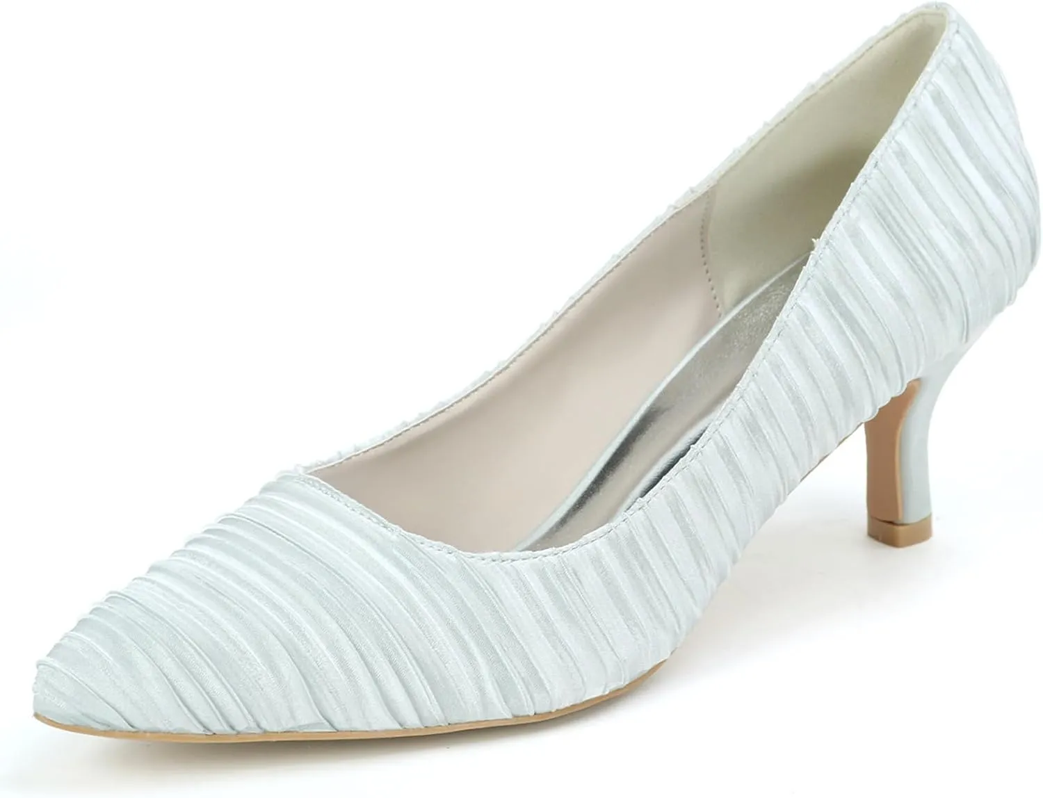 TNXZ 2.36'' Women's Bridal Pleated Wedding Shoes Closed Toe Kitten Heel Pumps Satin Party Shoes Pointed Toe Prom Evening Party Dress Pumps