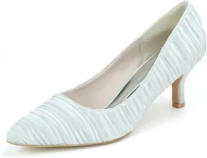 TNXZ 2.36'' Women's Bridal Pleated Wedding Shoes Closed Toe Kitten Heel Pumps Satin Party Shoes Pointed Toe Prom Evening Party Dress Pumps