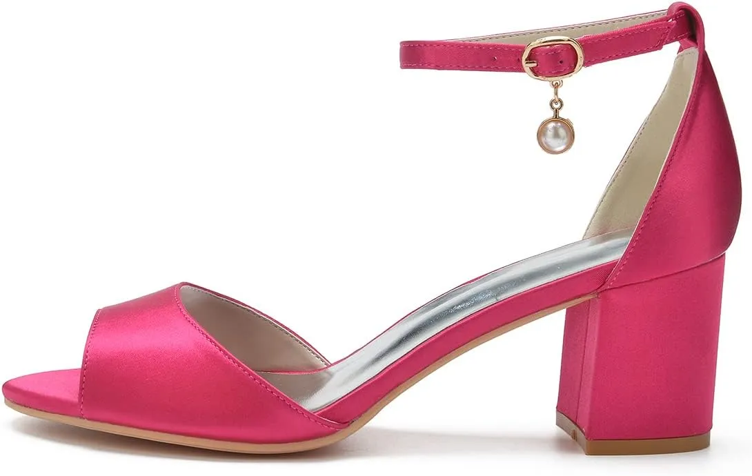 TNXZ 6Cm Women Satin Peep Toe Block Heel Sandals Bridal Wedding Shoes for Bride Ankle Strap Buckle Bridesmaid Shoes