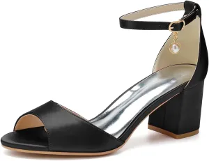 TNXZ 6Cm Women Satin Peep Toe Block Heel Sandals Bridal Wedding Shoes for Bride Ankle Strap Buckle Bridesmaid Shoes