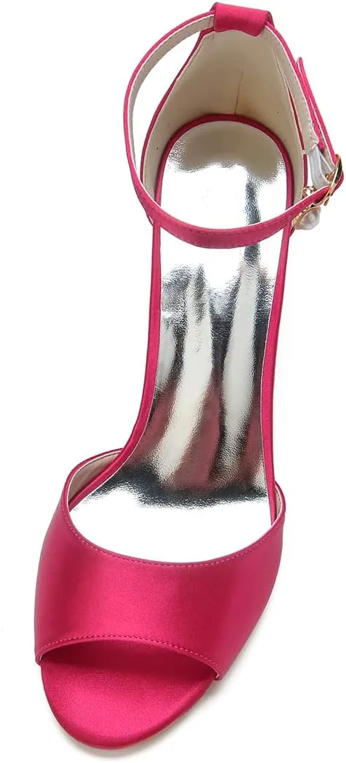 TNXZ 6Cm Women Satin Peep Toe Block Heel Sandals Bridal Wedding Shoes for Bride Ankle Strap Buckle Bridesmaid Shoes
