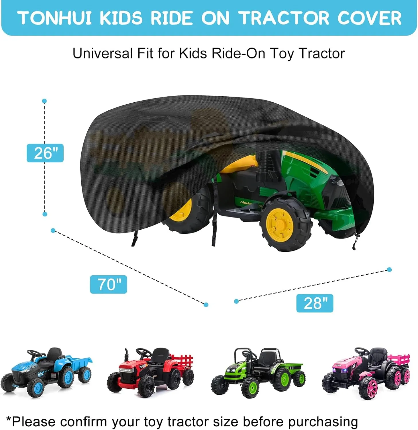 tonhui Kids Ride On Toy Tractor Cover, 70" L x 28" W x 26" H Outdoor Waterproof Cover for Kids Electric Tractor with Trailer, Universal and All Weather Protection