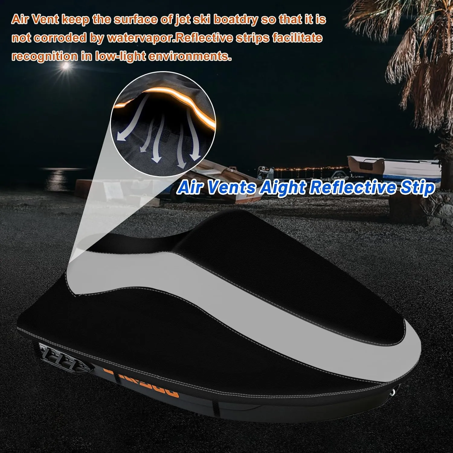 Trailerable Jet Ski Cover, Waterproof Tear and Fade Resistant Cover with 3 Thickened Buckles & Reflective Air Vent, Fits from 126" to 135" 3 Seater(Black&Grey)