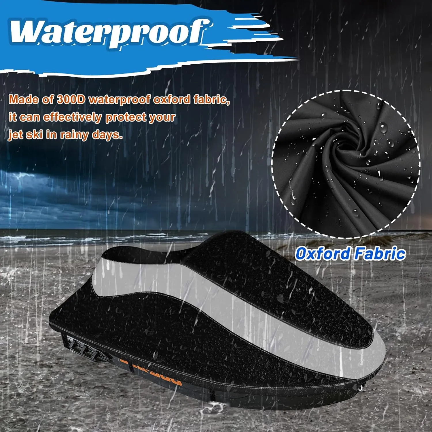 Trailerable Jet Ski Cover, Waterproof Tear and Fade Resistant Cover with 3 Thickened Buckles & Reflective Air Vent, Fits from 126" to 135" 3 Seater(Black&Grey)