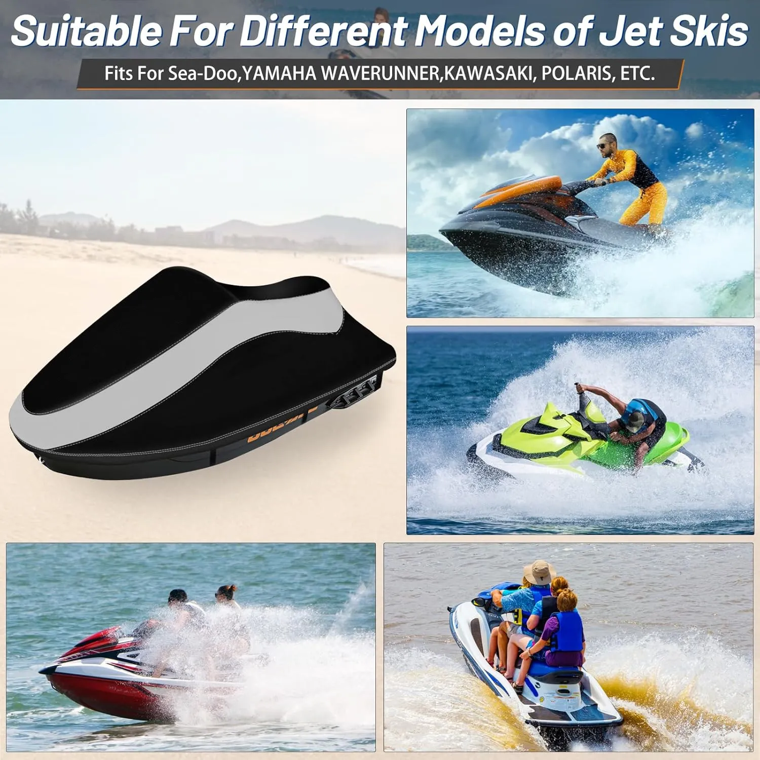 Trailerable Jet Ski Cover, Waterproof Tear and Fade Resistant Cover with 3 Thickened Buckles & Reflective Air Vent, Fits from 126" to 135" 3 Seater(Black&Grey)