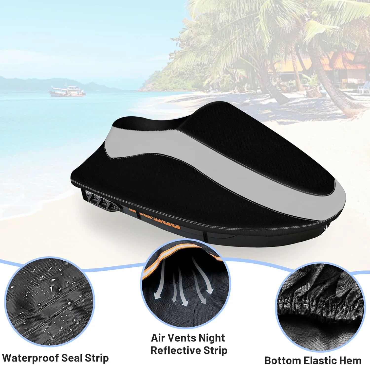 Trailerable Jet Ski Cover, Waterproof Tear and Fade Resistant Cover with 3 Thickened Buckles & Reflective Air Vent, Fits from 126" to 135" 3 Seater(Black&Grey)