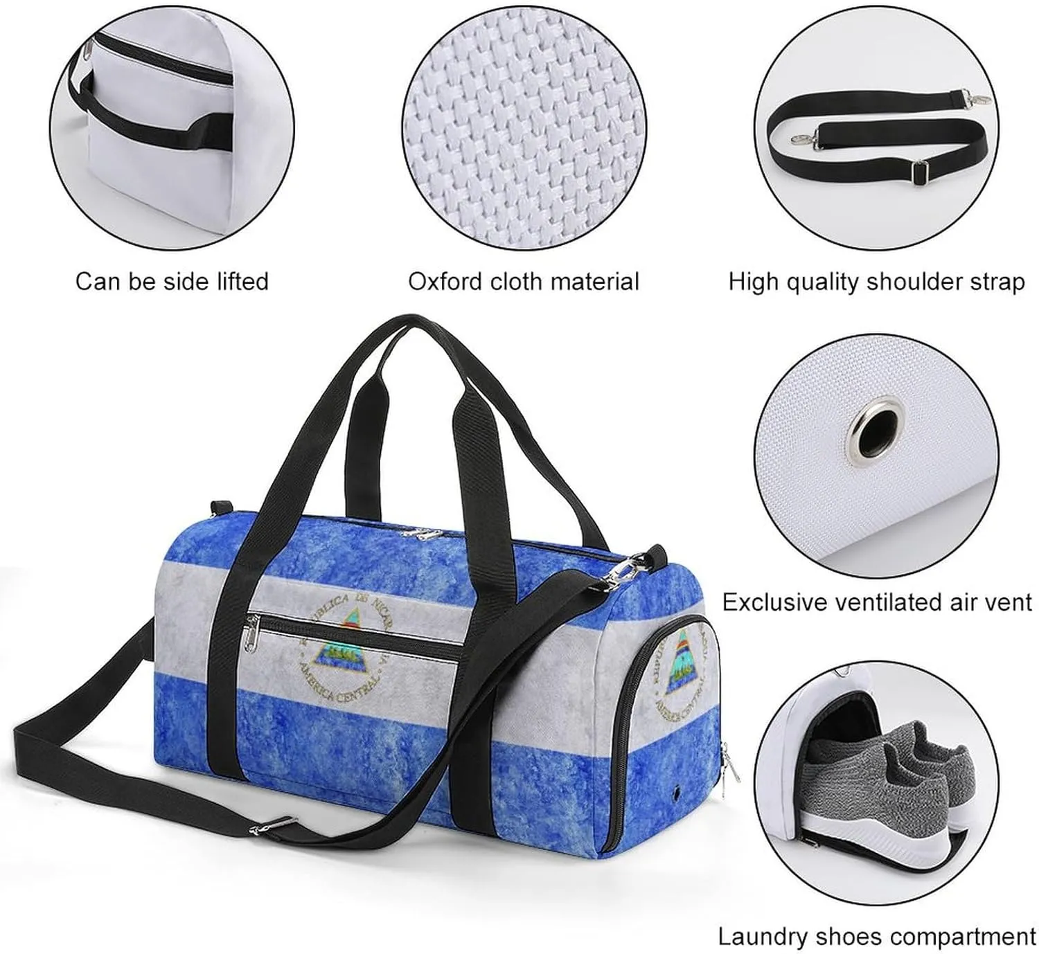 Travel Duffel Bag with Nicaragua Flag Textured Shoe Compartment Waterproof Sports Gym