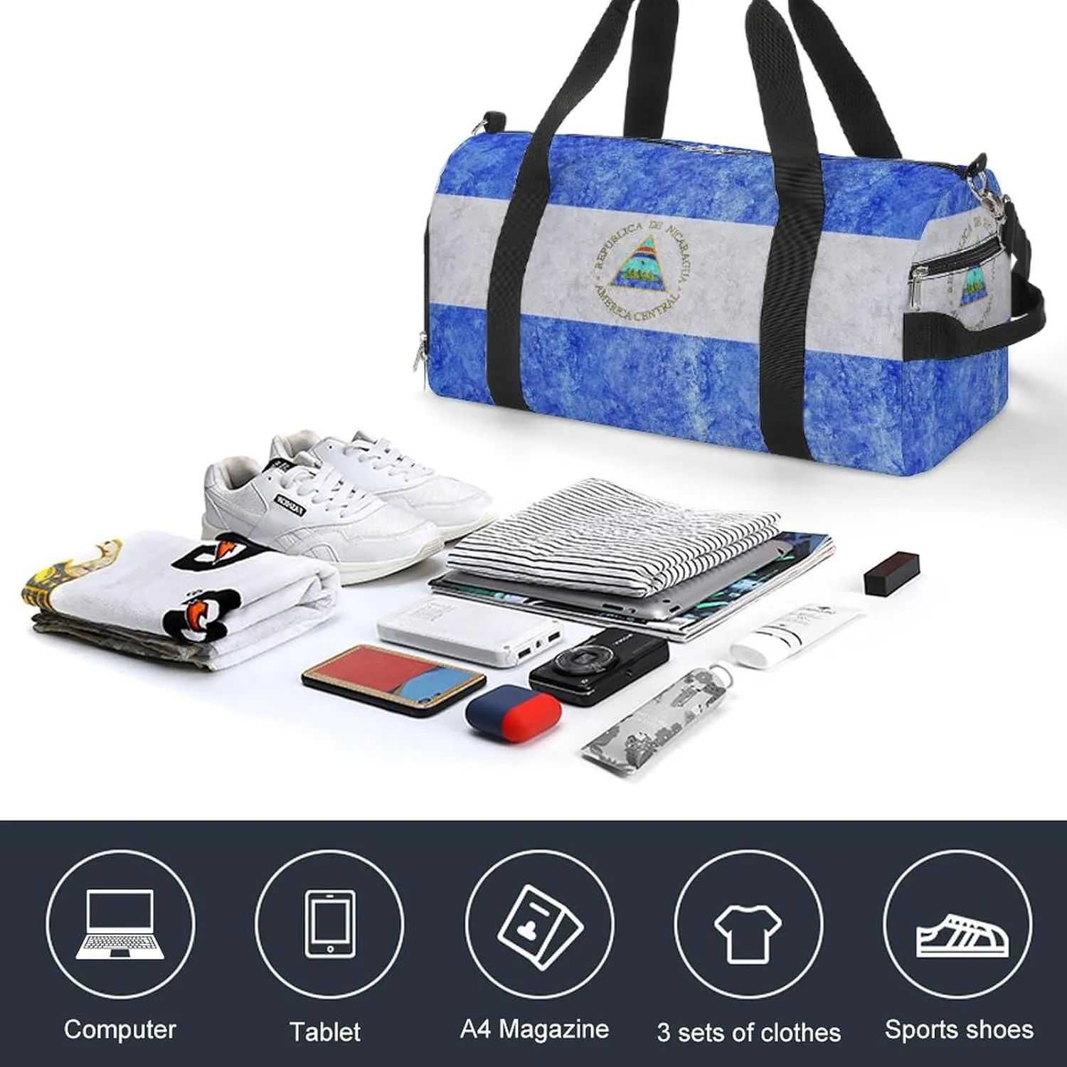 Travel Duffel Bag with Nicaragua Flag Textured Shoe Compartment Waterproof Sports Gym