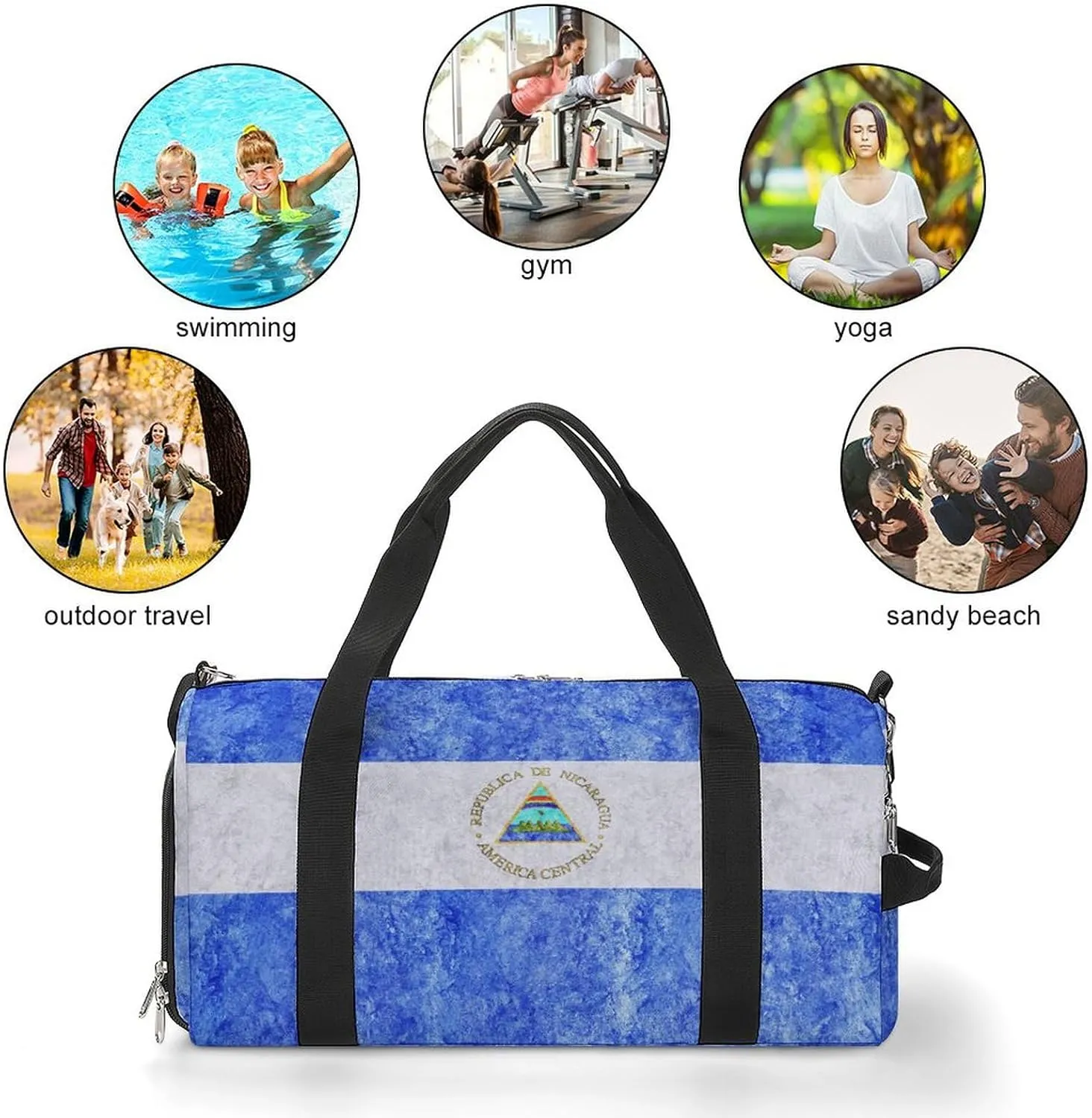 Travel Duffel Bag with Nicaragua Flag Textured Shoe Compartment Waterproof Sports Gym